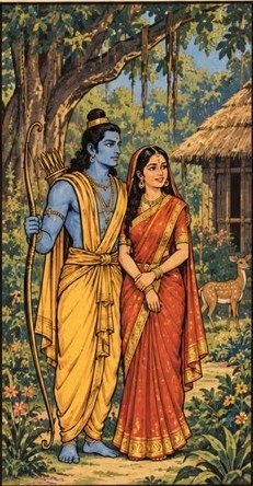 Rama and Sita standing together in the forest, a deer and a thatched hut behind them.