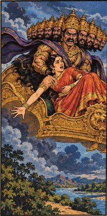 Ravana carrying Sita away in a flying chariot over dark clouds; she reaches back towards the ground.