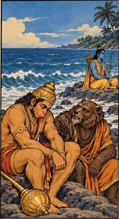 Hanuman sitting on the rocks at the sea's edge, head bowed, with Jambavan the bear beside him and Rama seated on the shore behind.