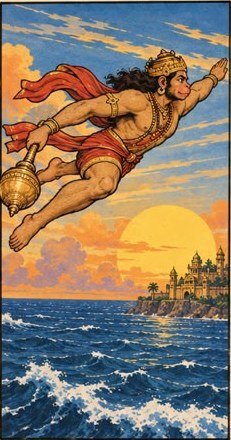Hanuman flying over the ocean at sunset towards a distant city.