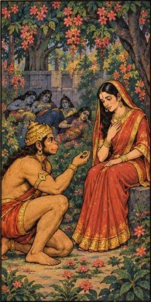 Hanuman kneeling in the Ashoka grove, holding out a ring to Sita, who is seated among flowering trees.