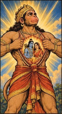 Hanuman opening his chest with both hands to reveal Rama and Sita seated within his heart, light radiating outward.